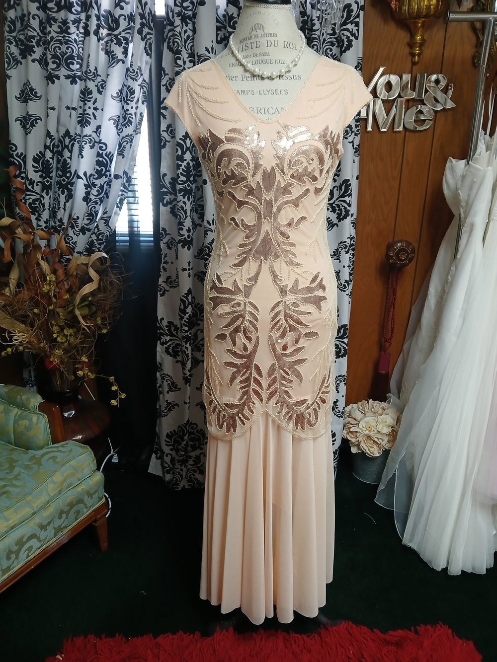 Beaded Blush Evening Gown with Sequined Motif